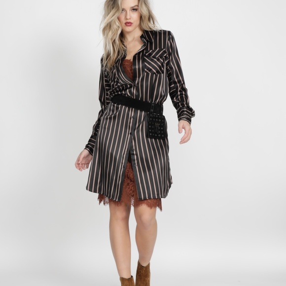 Gold Hawk *NWT*. Black/Gold Stripe Shirt Dress or Duster. Belt & Pockets SMALL - Picture 1 of 11